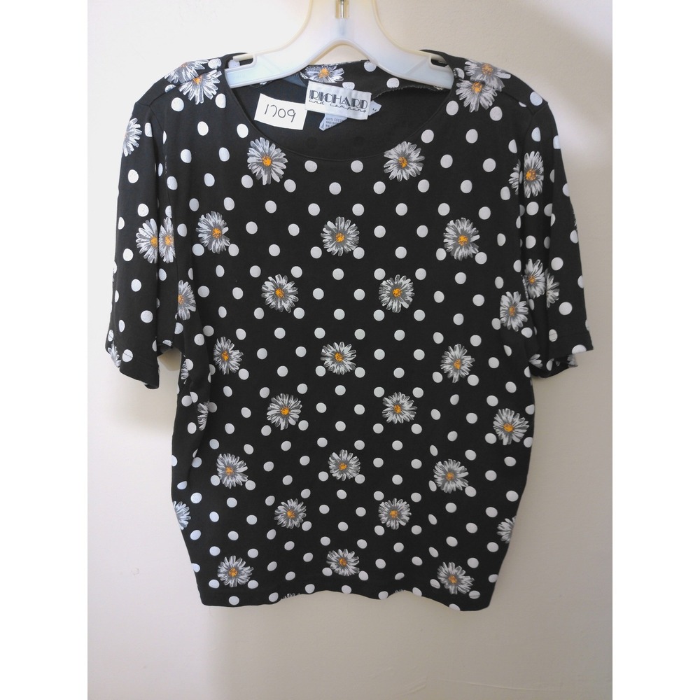 Richard and Company Top Womens M Black Daisy Polka Dot Vtg 90s Floral Cotton Tee